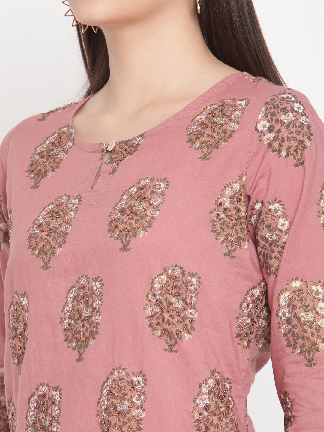 Be Indi Women Peach-Coloured & Green Ethnic Motifs Printed Keyhole Neck Kurta