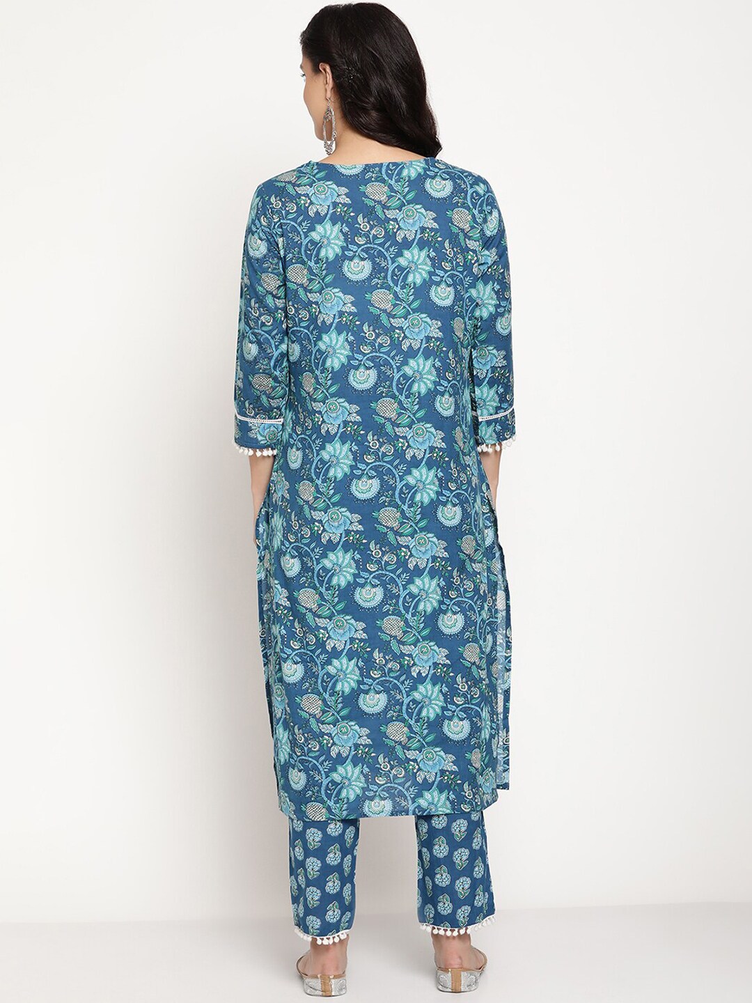 Be Indi Women Blue Floral Embroidered Empire Pure Cotton Kurti with Trousers