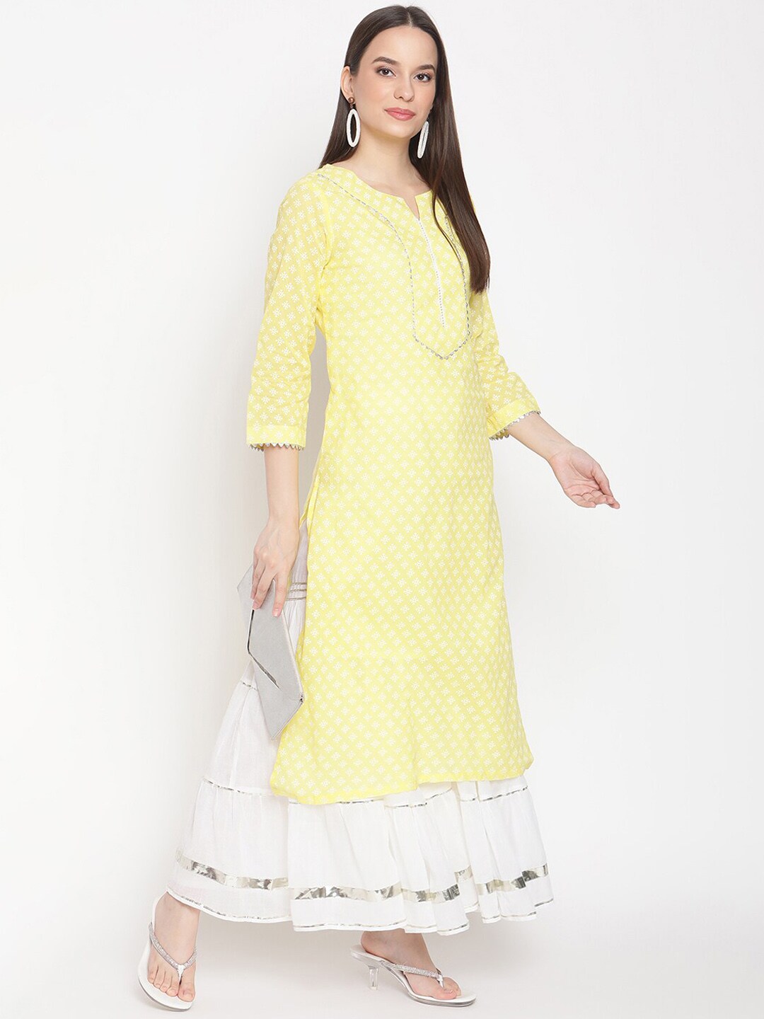 Be Indi Women Pink Bandhani Regular Gotta Patti Pure Cotton Kurti with Skirt