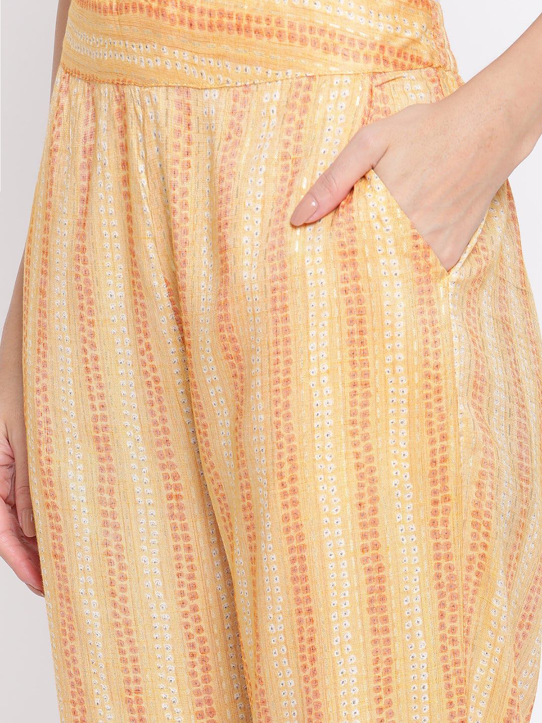 Be Indi Yellow Foil Printed With Fancy Mirror Work Lace Detailing kurta Set With Pant