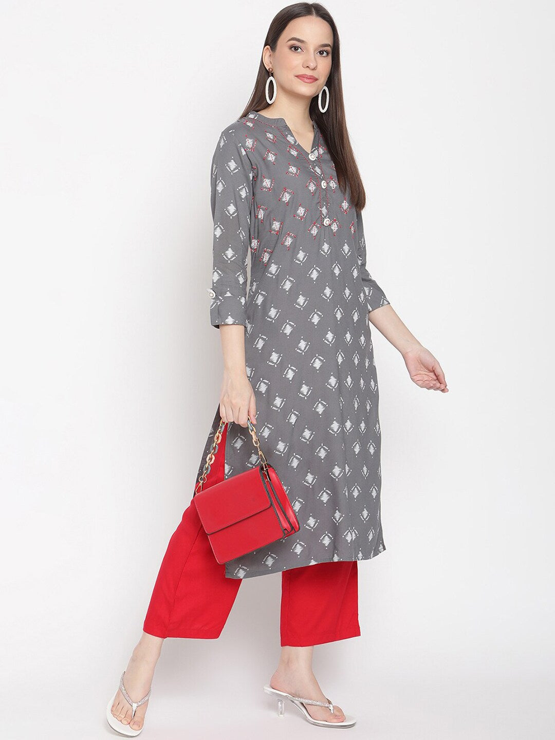 Women grey white color ikat printed hand work detailing kurta With Palazzo