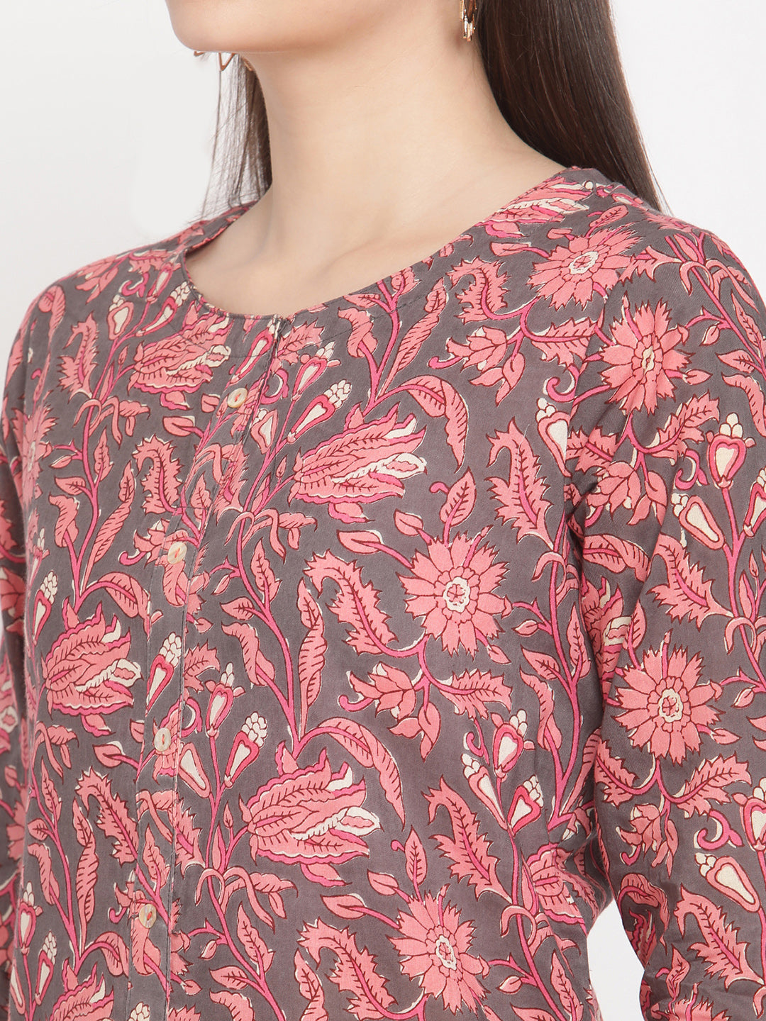 Be Indi Women Grey & Pink Ethnic Motifs Printed Kurta