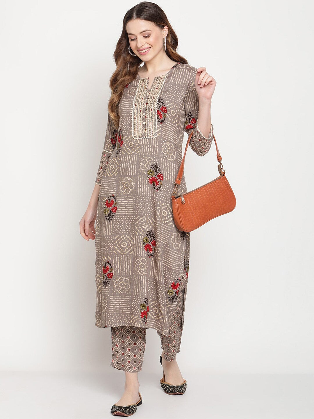 Be Indi Women Beige Printed Embroidery With Lace Work Design Kurta With Pant