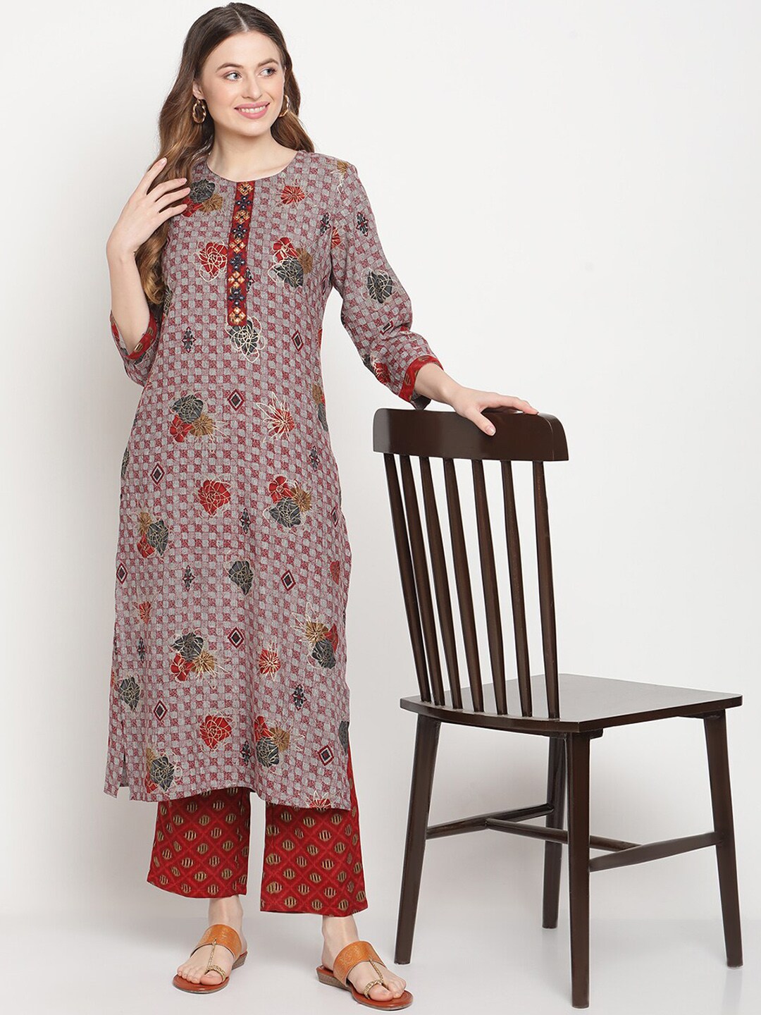 Be Indi Women Grey Red Floral Foil Printed Mirror Placket Kurta with Pant