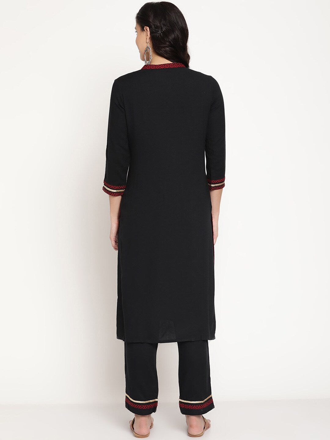 Be Indi Women Black Printed Panelled Lace Trim Detailing Kurta with Trouser