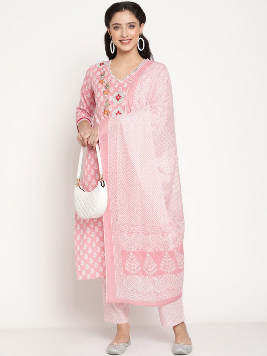BeIndi Women Pink Printed Embroidered And Lace Detailing Kurta,Pant With Dupatta