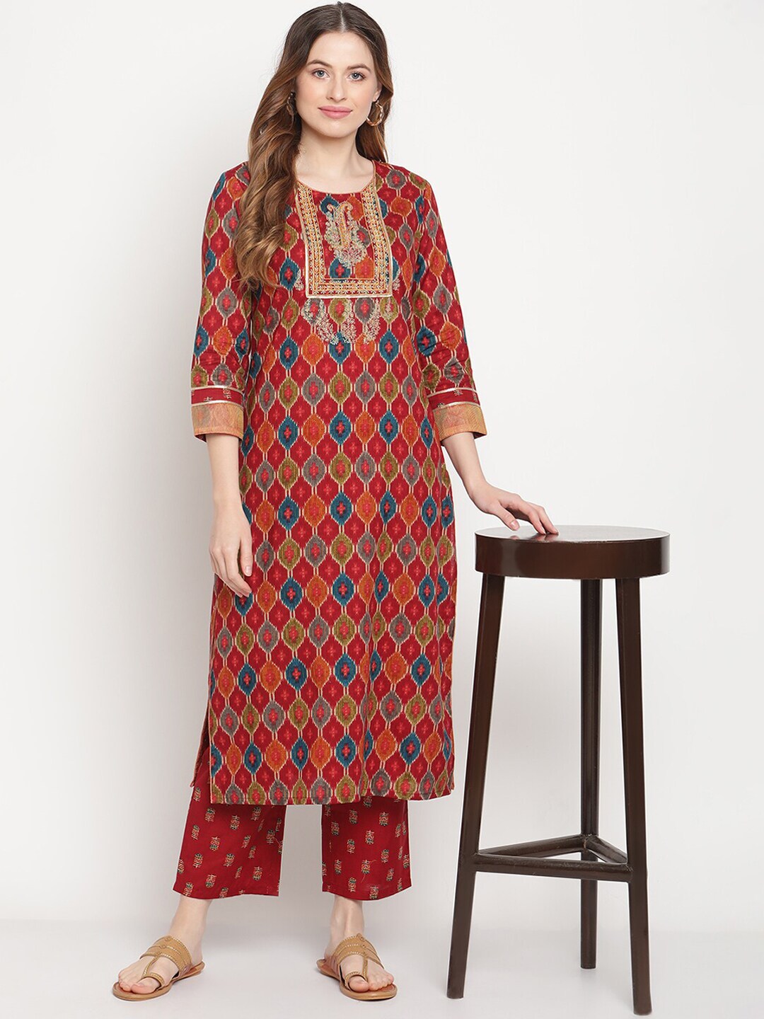 BeIndi Women Maroon Ikat Print Embroidered Yoke Design Kurta With Pant