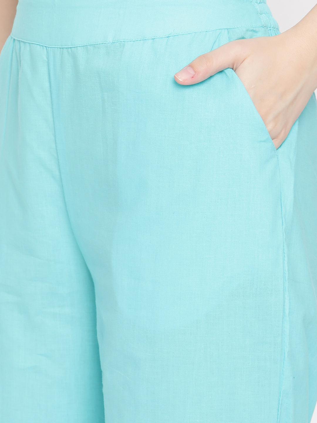 BeIndi Women Turquoise Embroidered Layered Pure Cotton Kurti With Trousers