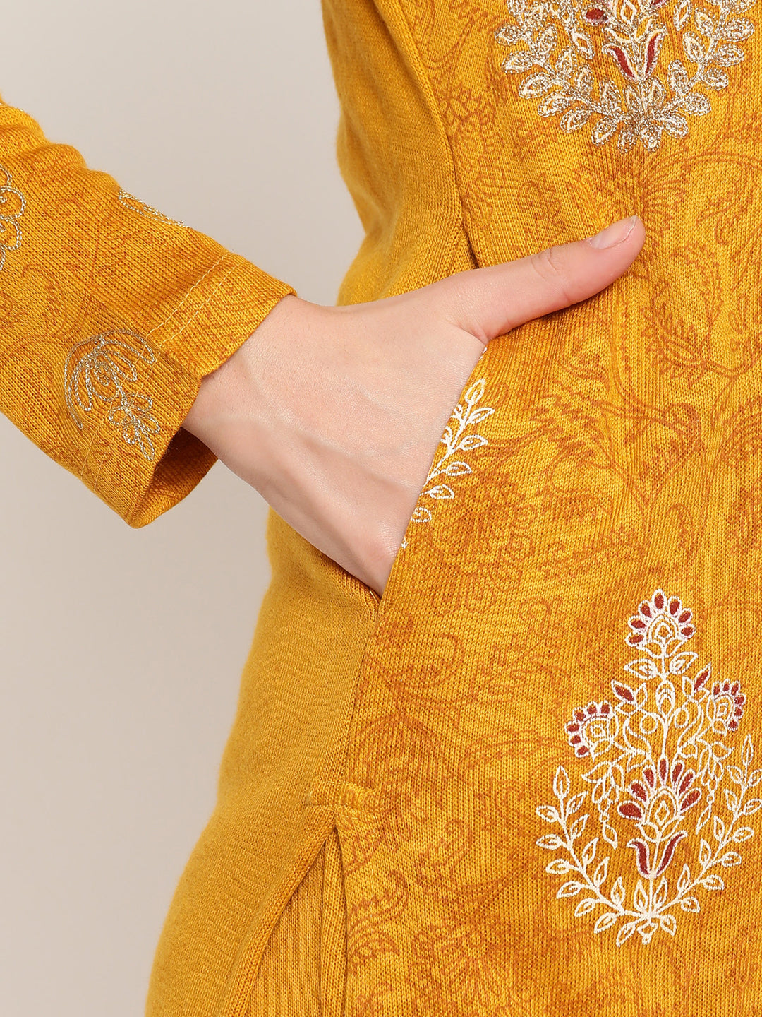 Be Indi Women Winter Daffodil Mustard Aari Work and Foil Printed Straight Kurta With Trouser.
