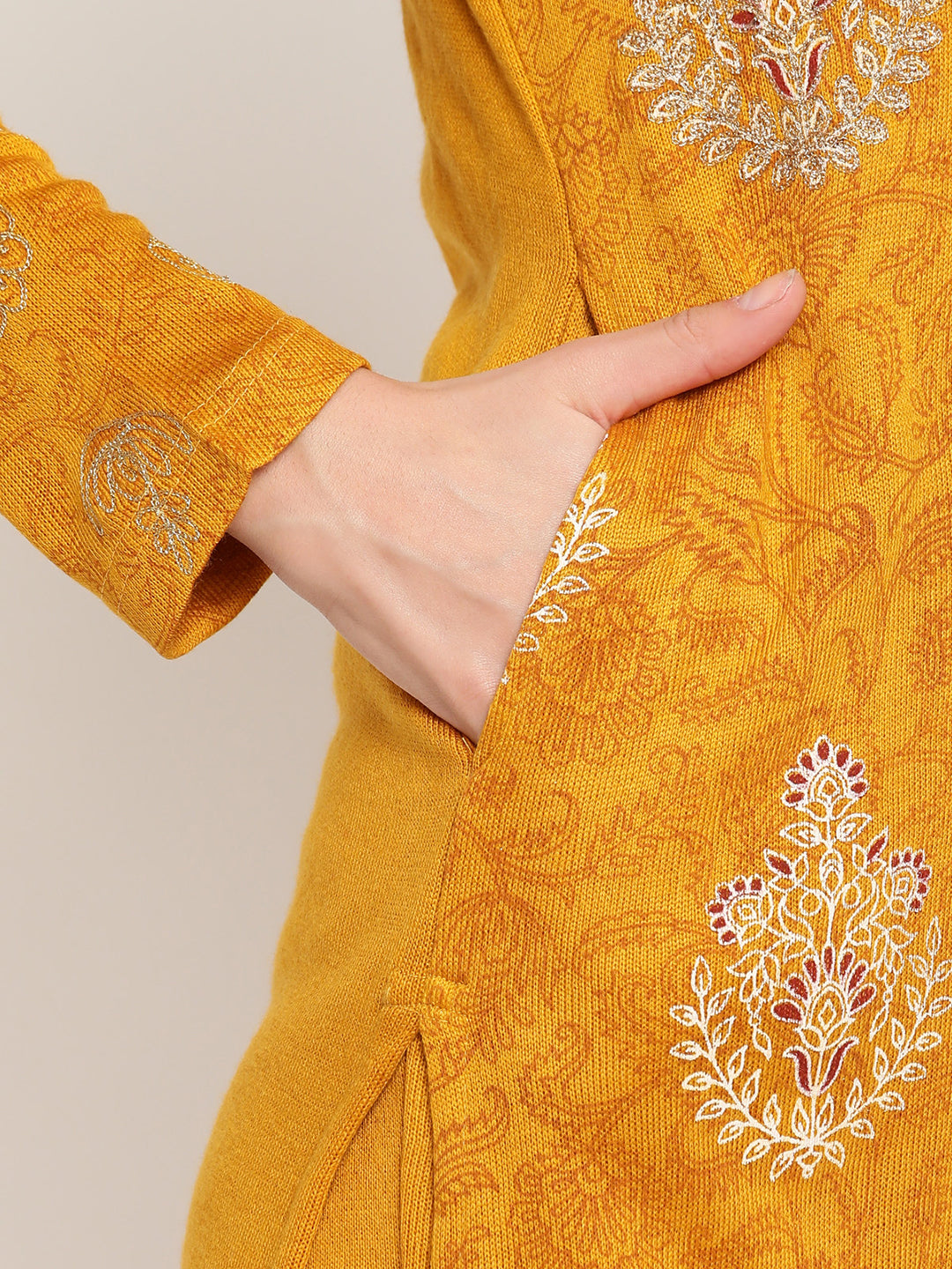Be Indi Women Winter Daffodil  Mustard Aari Work and Foil Printed Straight Kurta With Trouser.