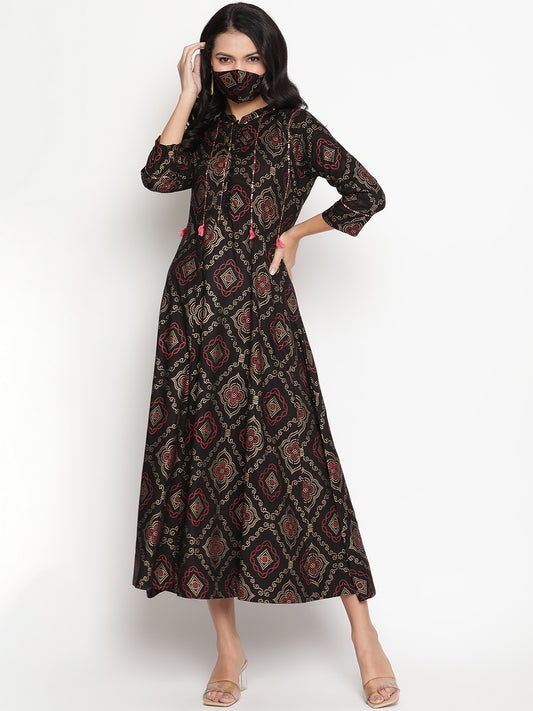 Be Indi Black & Pink Ethnic Motifs A-Line Midi Dress
