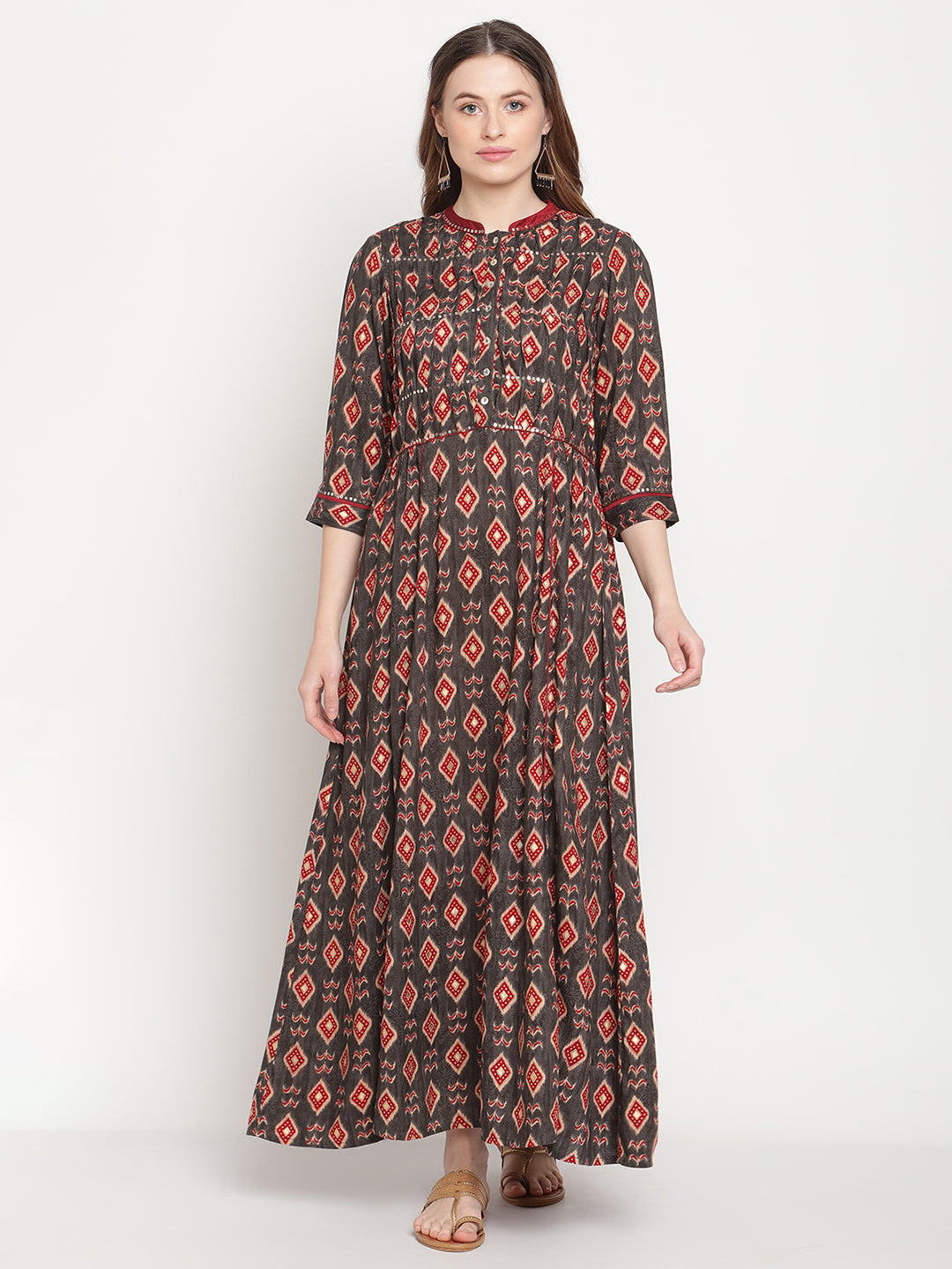 Be Indi Women Grey Maroon ikat Printed Pintuck Yoke Design With Sequence Work Detailing Maxi Dress