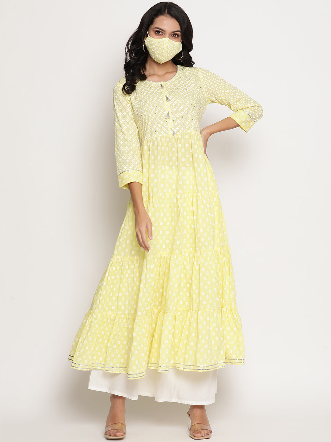 Women green color khadi printed tiered gotta patti work detailing dress