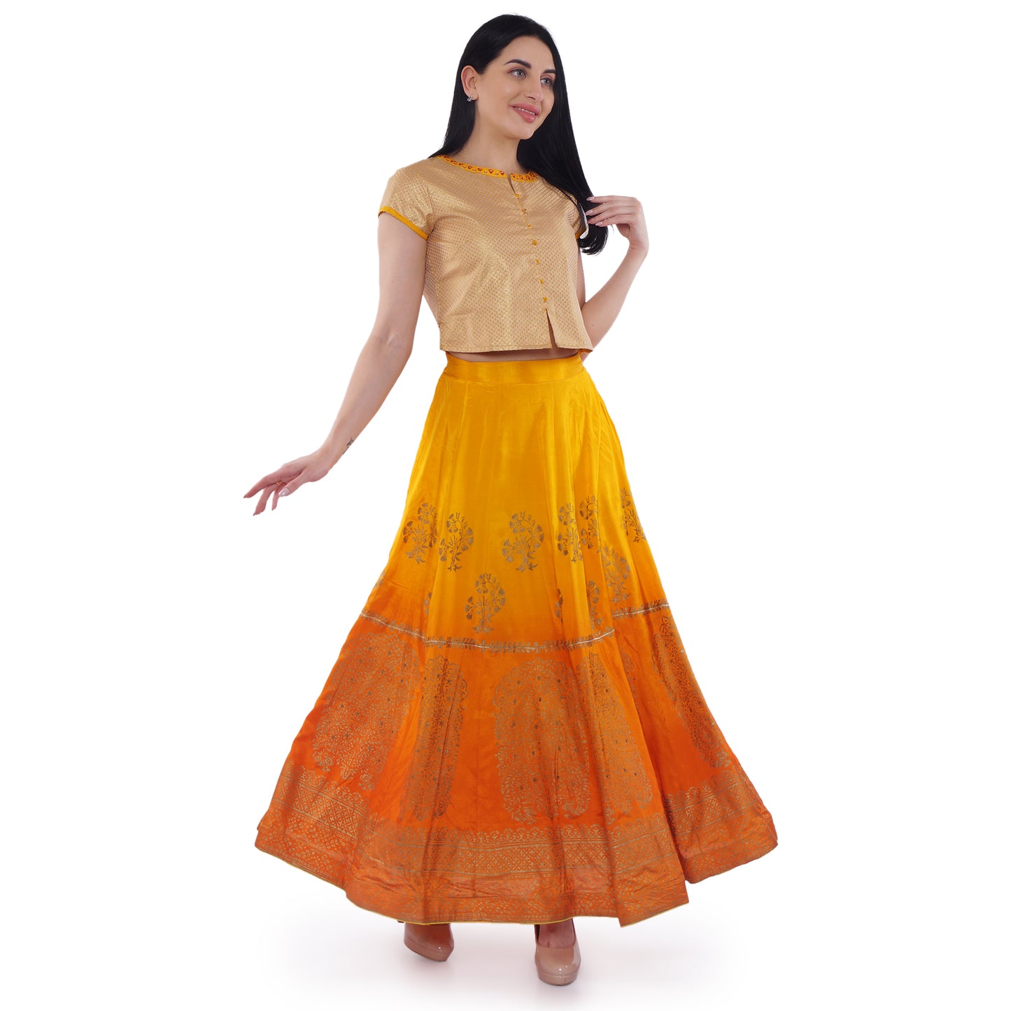 Be Indi Orange & Gold-Toned Printed Ready to Wear Lehenga