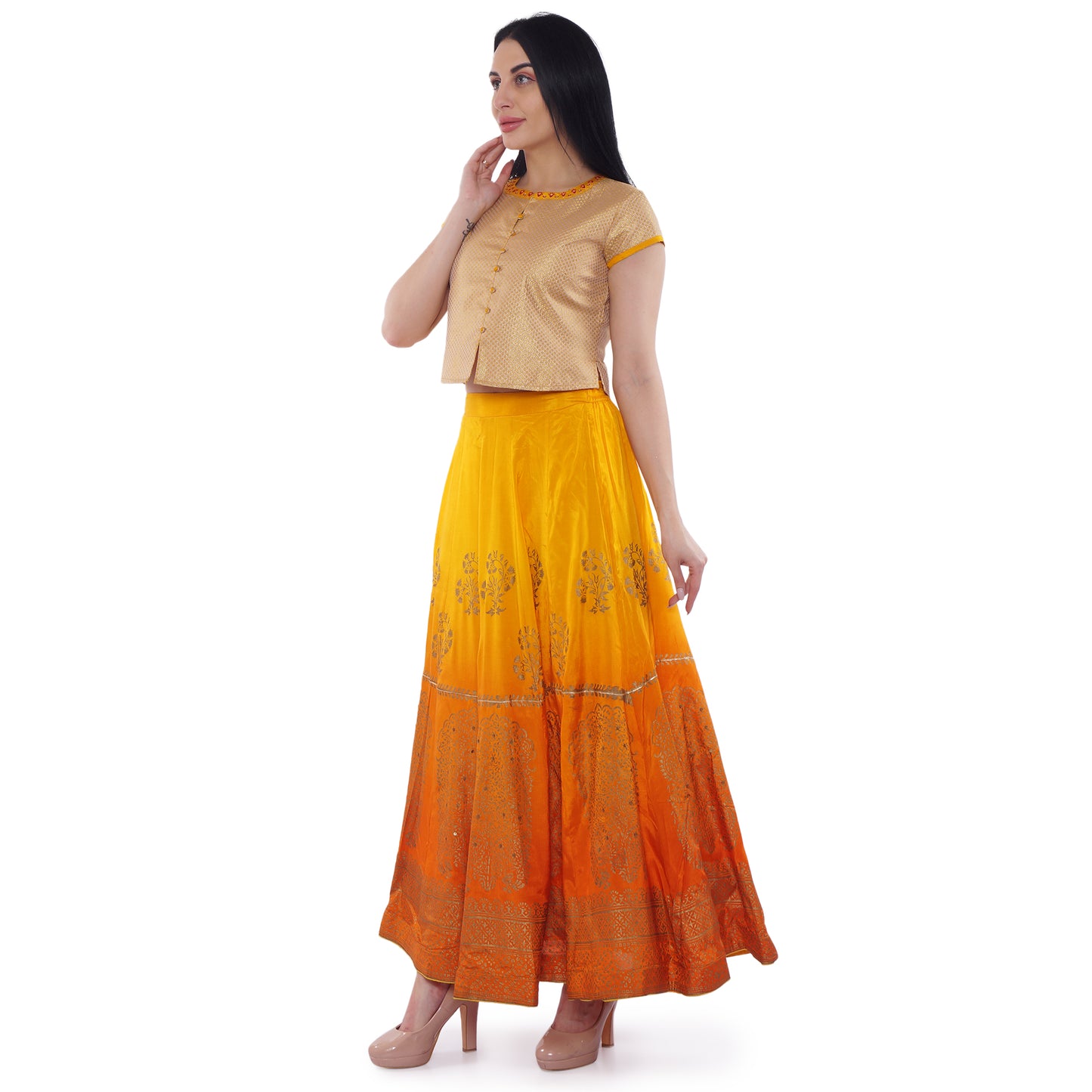 Be Indi Orange & Gold-Toned Printed Ready to Wear Lehenga