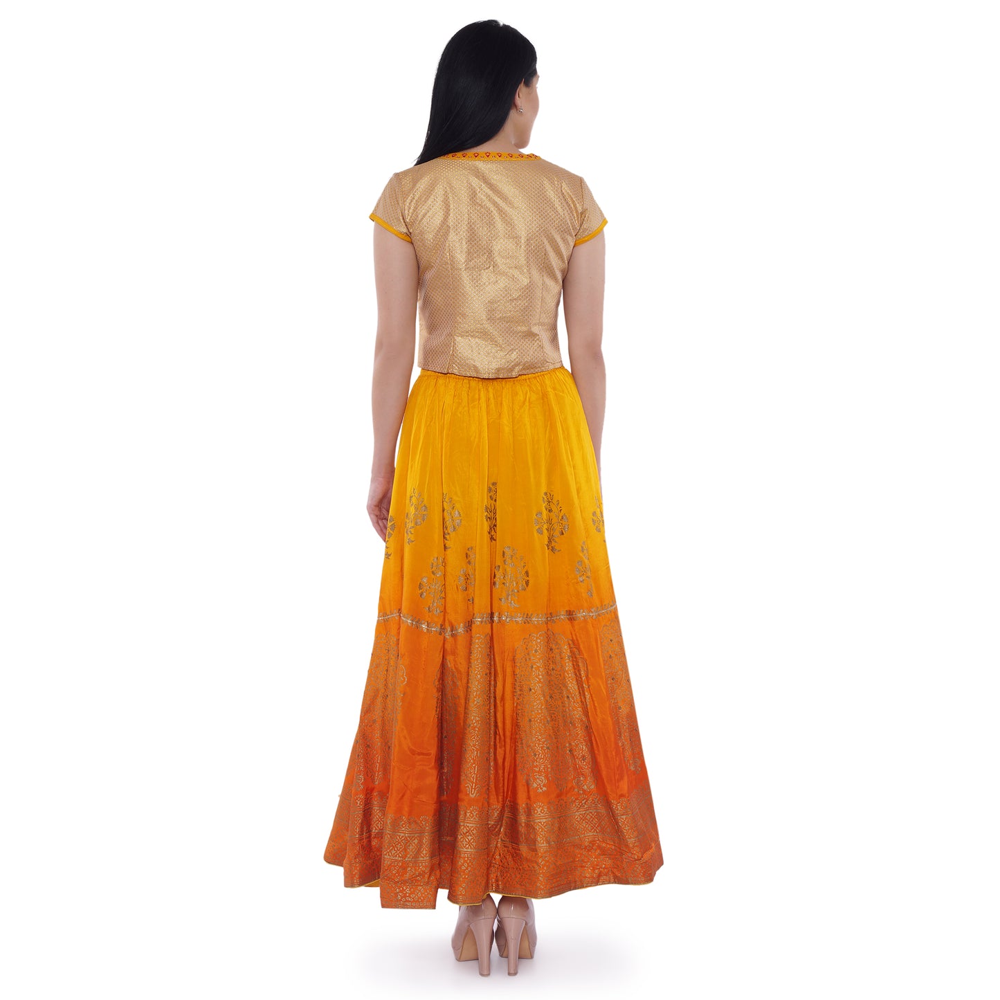 Be Indi Orange & Gold-Toned Printed Ready to Wear Lehenga