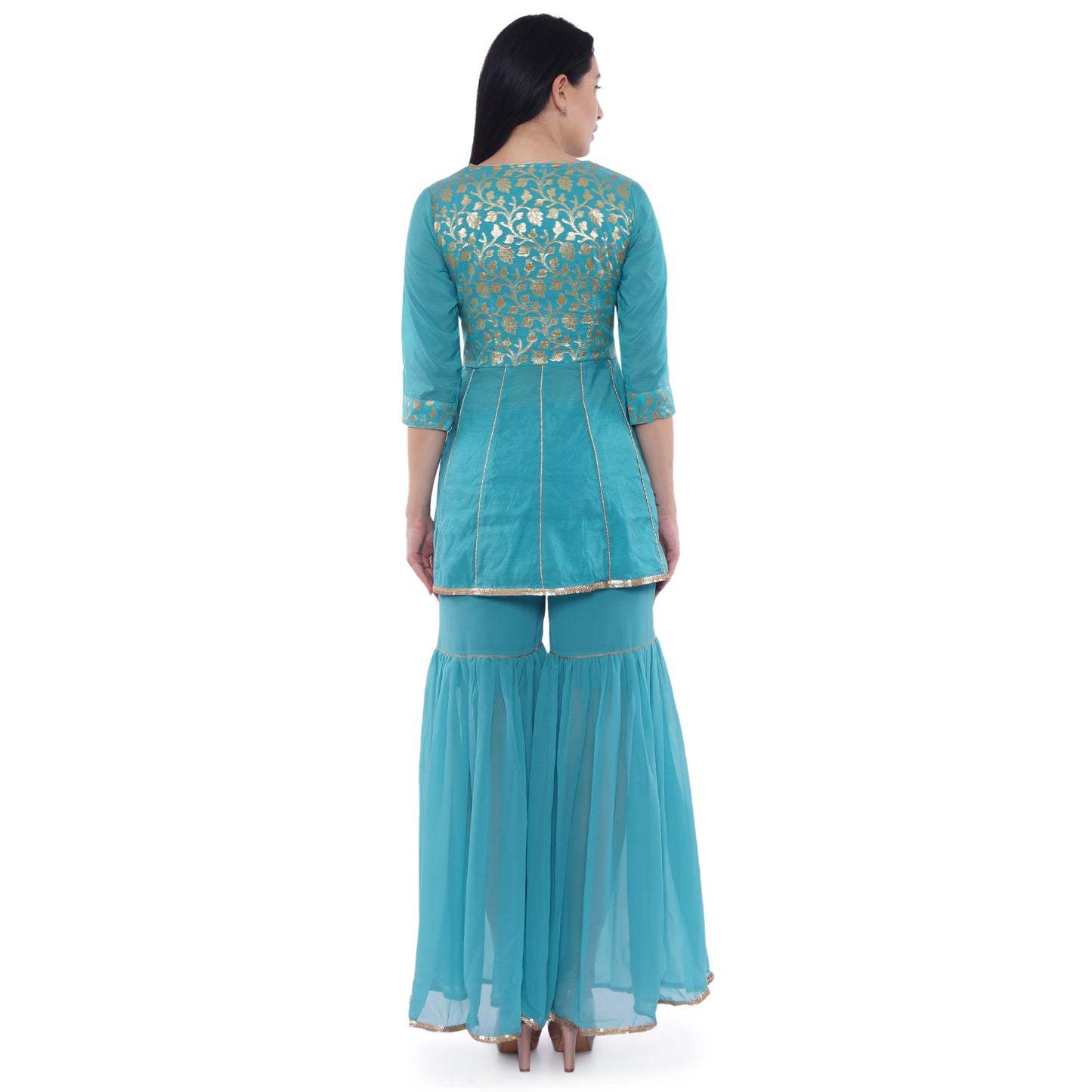Be Indi Women Turquoise Blue Embroidered Kurti with Sharara