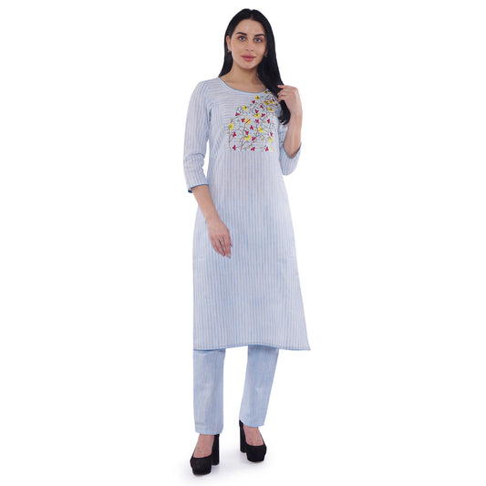 Be Indi Women Blue Embroidered Pure Cotton Handloom Kurta with Trousers