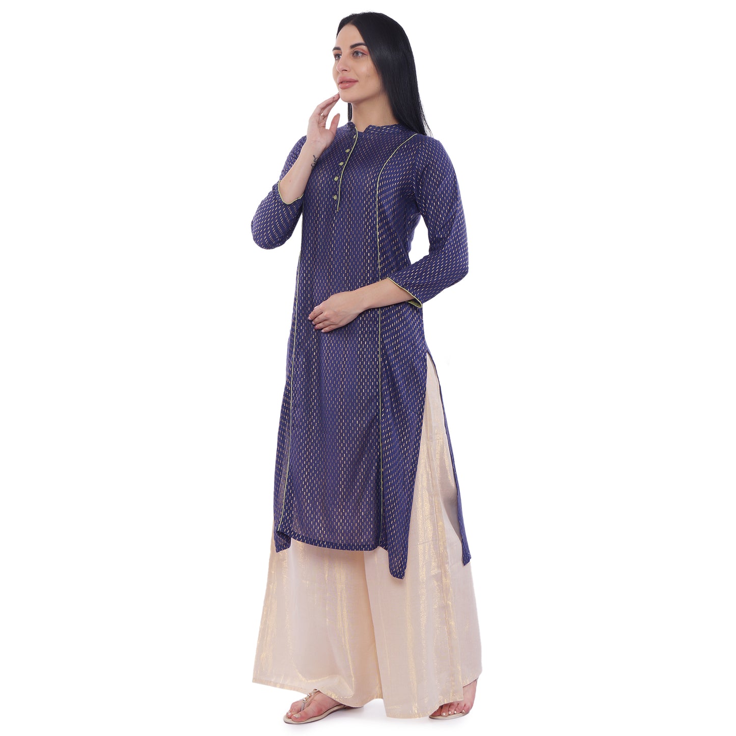 Be Indi Women Navy Blue & gothic grape Geometric Checked Thread Work Kurta