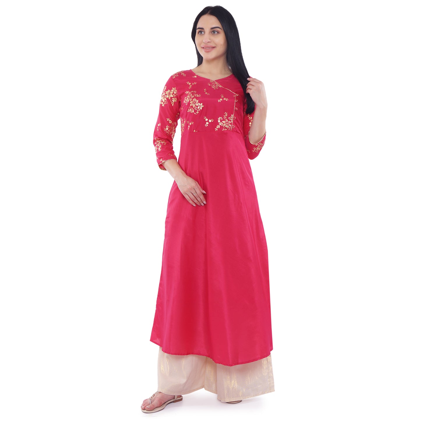 Be Indi Women Pink Foil Printed Angrakha Dress