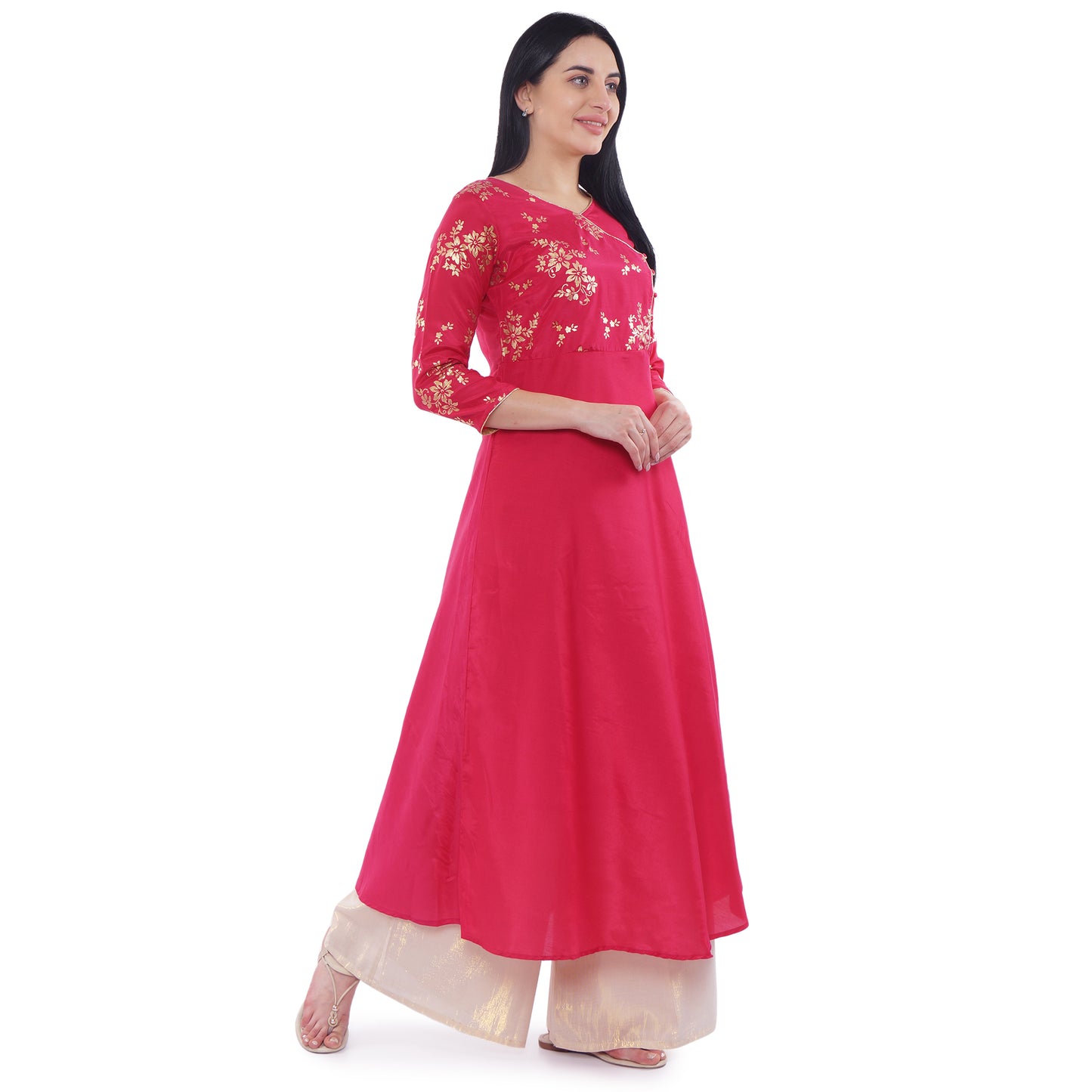 Be Indi Women Pink Foil Printed Angrakha Dress