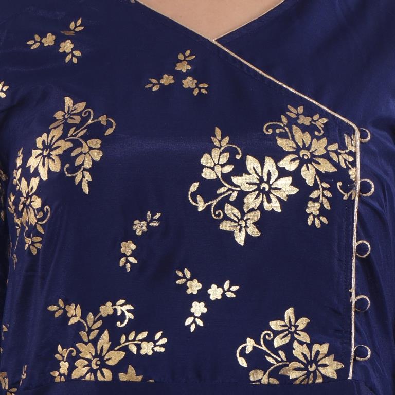 Be Indi Women Navy Blue & Gold Floral Print A-Line Angrakha Kurta