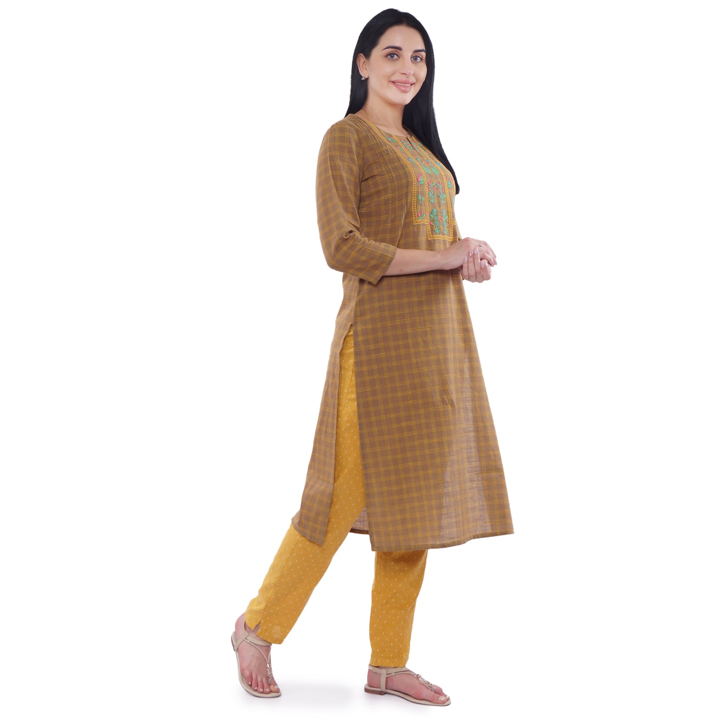 Be Indi Women Brown & Yellow Checked Thread Work Cotton Kurta