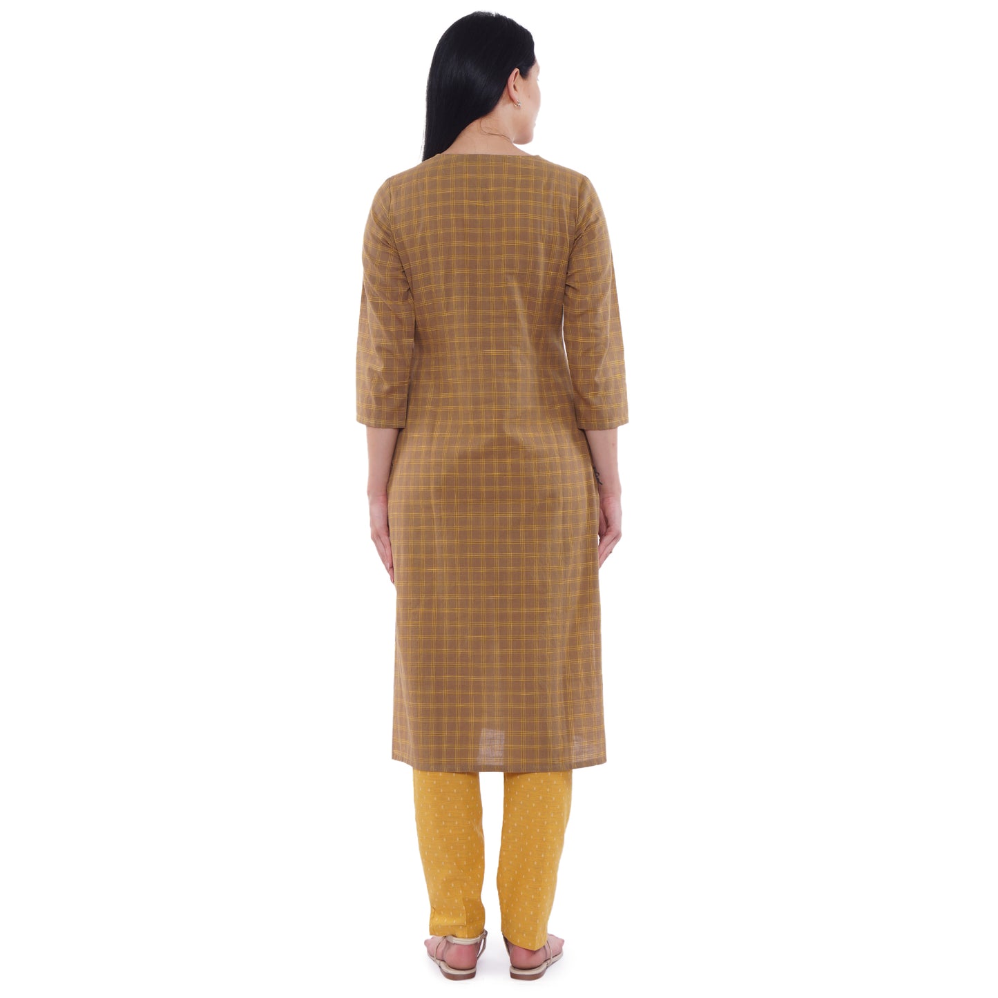 Be Indi Women Brown & Yellow Checked Thread Work Cotton Kurta