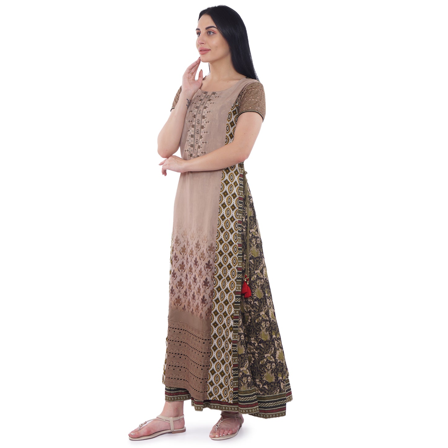 Be Indi Women Beige & Green Layered Printed Maxi Dress