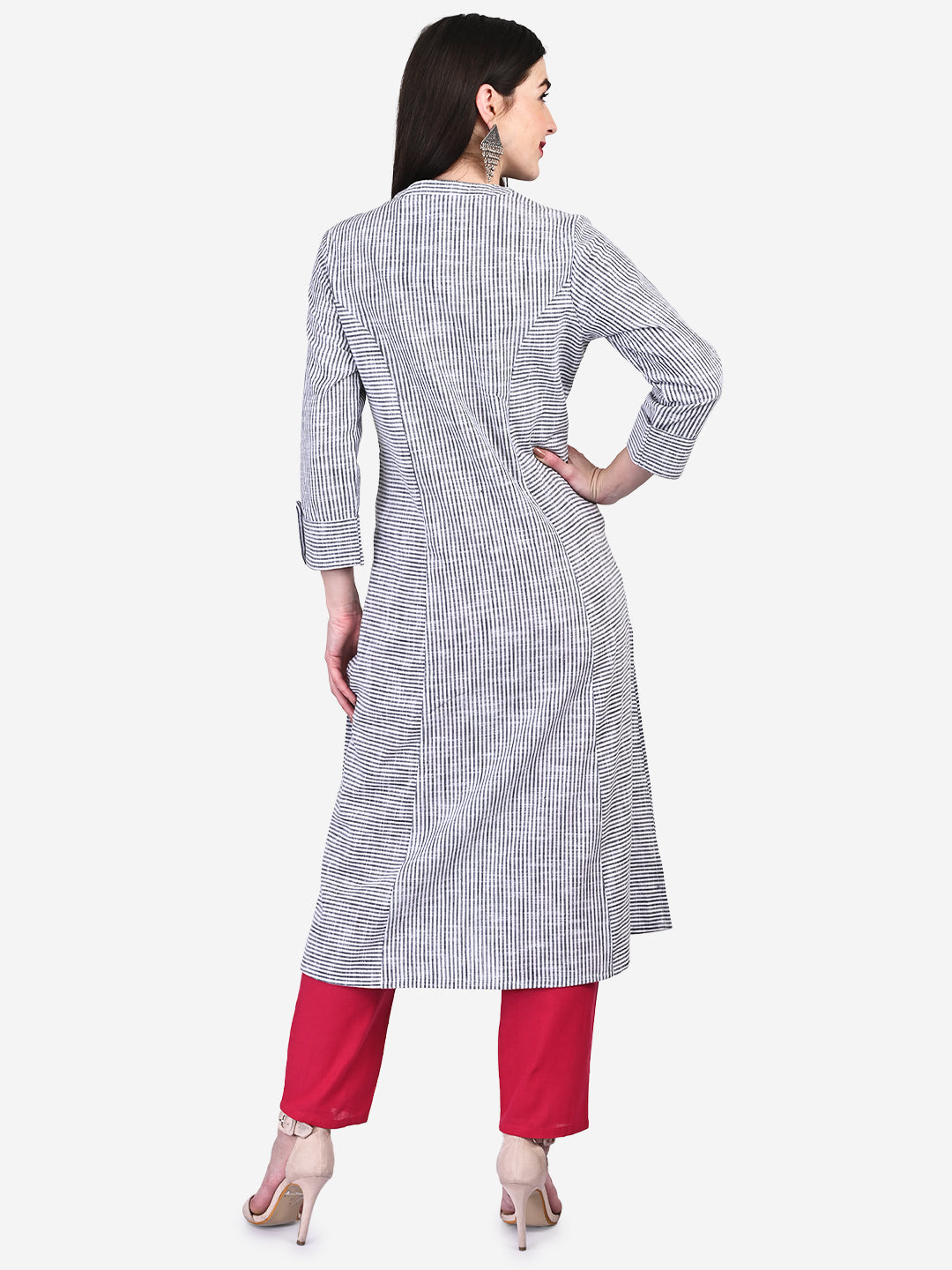 Be Indi Women White & Black Striped Panelled Kurta