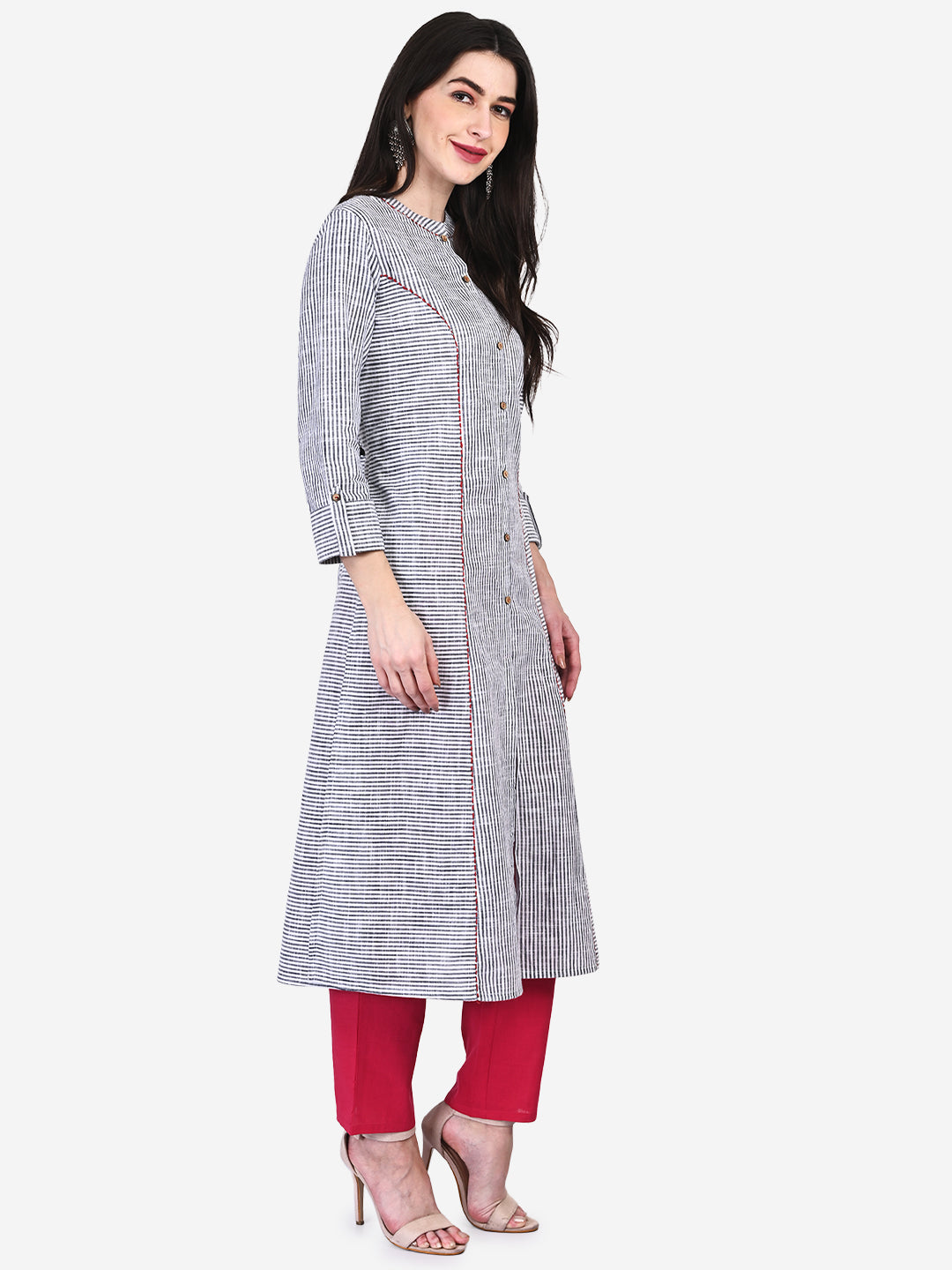 Be Indi Women White & Black Striped Panelled Kurta