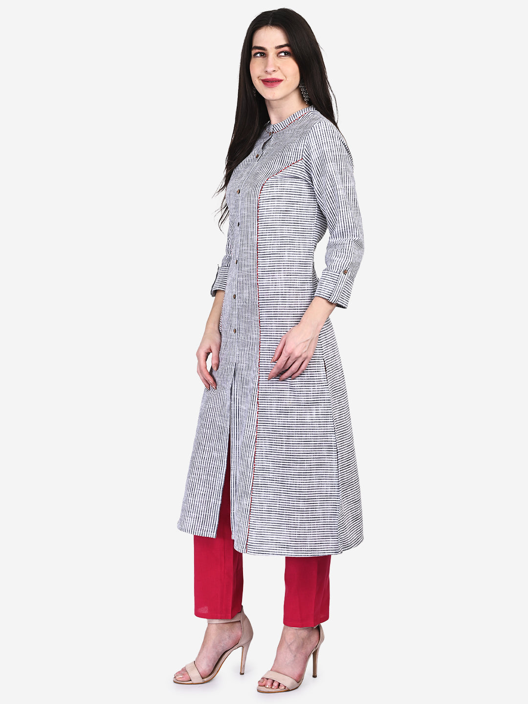 Be Indi Women White & Black Striped Panelled Kurta