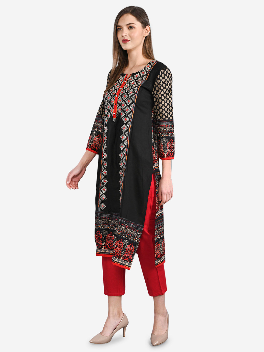 Be Indi Women Black Ethnic Motifs Printed Thread Work Kurta