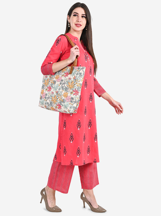 Be Indi Women Fuchsia Pink Printed Regular Pure Cotton Kurta with Trousers