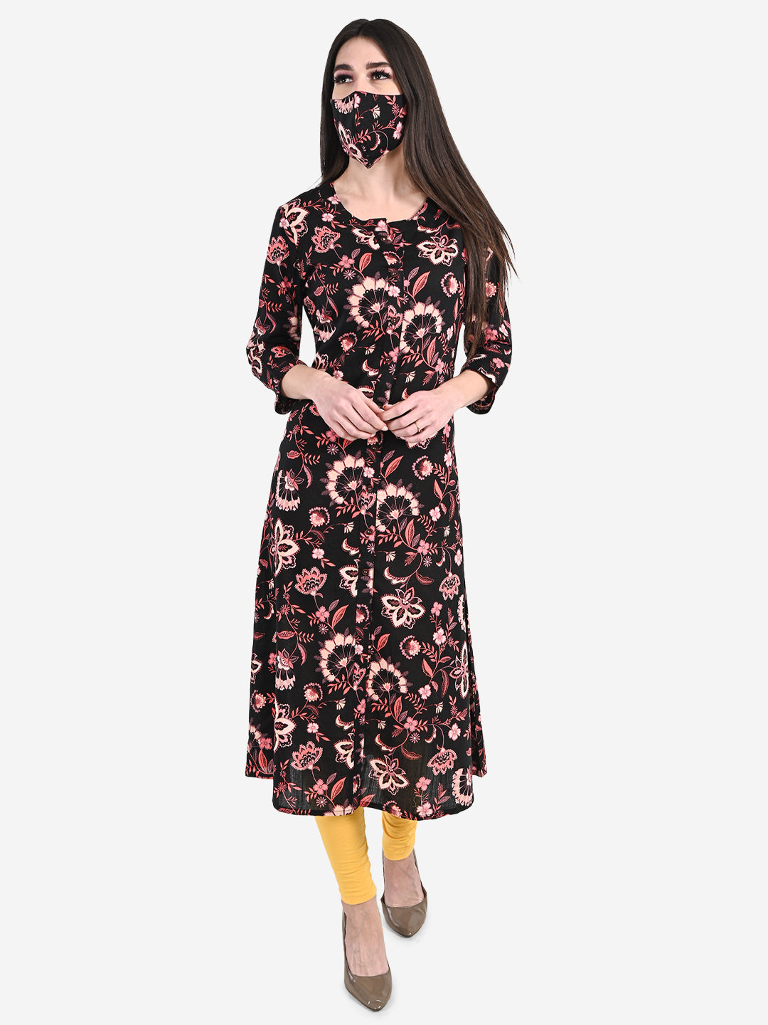 Be Indi Women Black & Pink Floral Printed Kurta