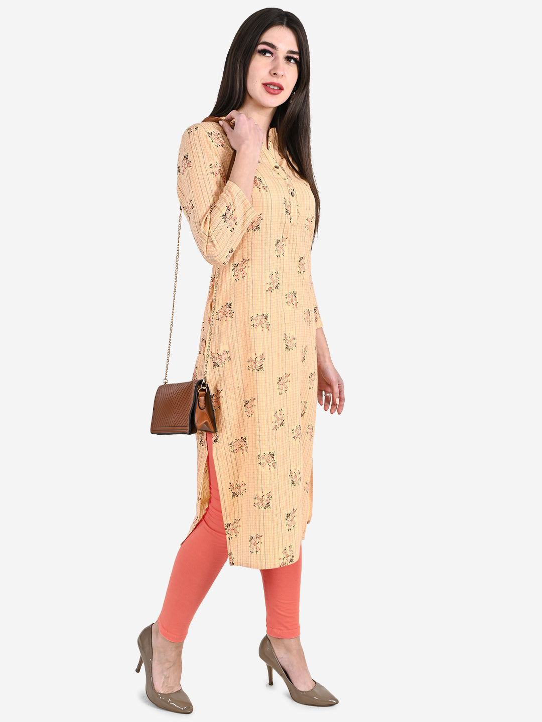 Be Indi Women Peach-coloured Floral Printed Kurta