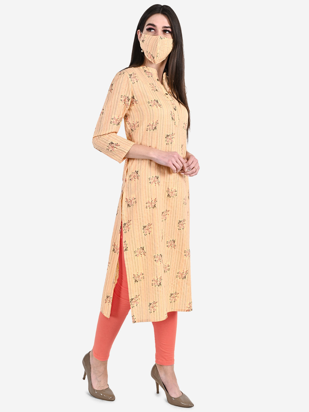 Be Indi Women Peach-coloured Floral Printed Kurta