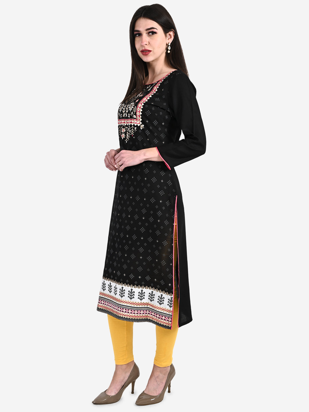 Be Indi Women Black Ethnic Motifs Printed Thread Work Kurta