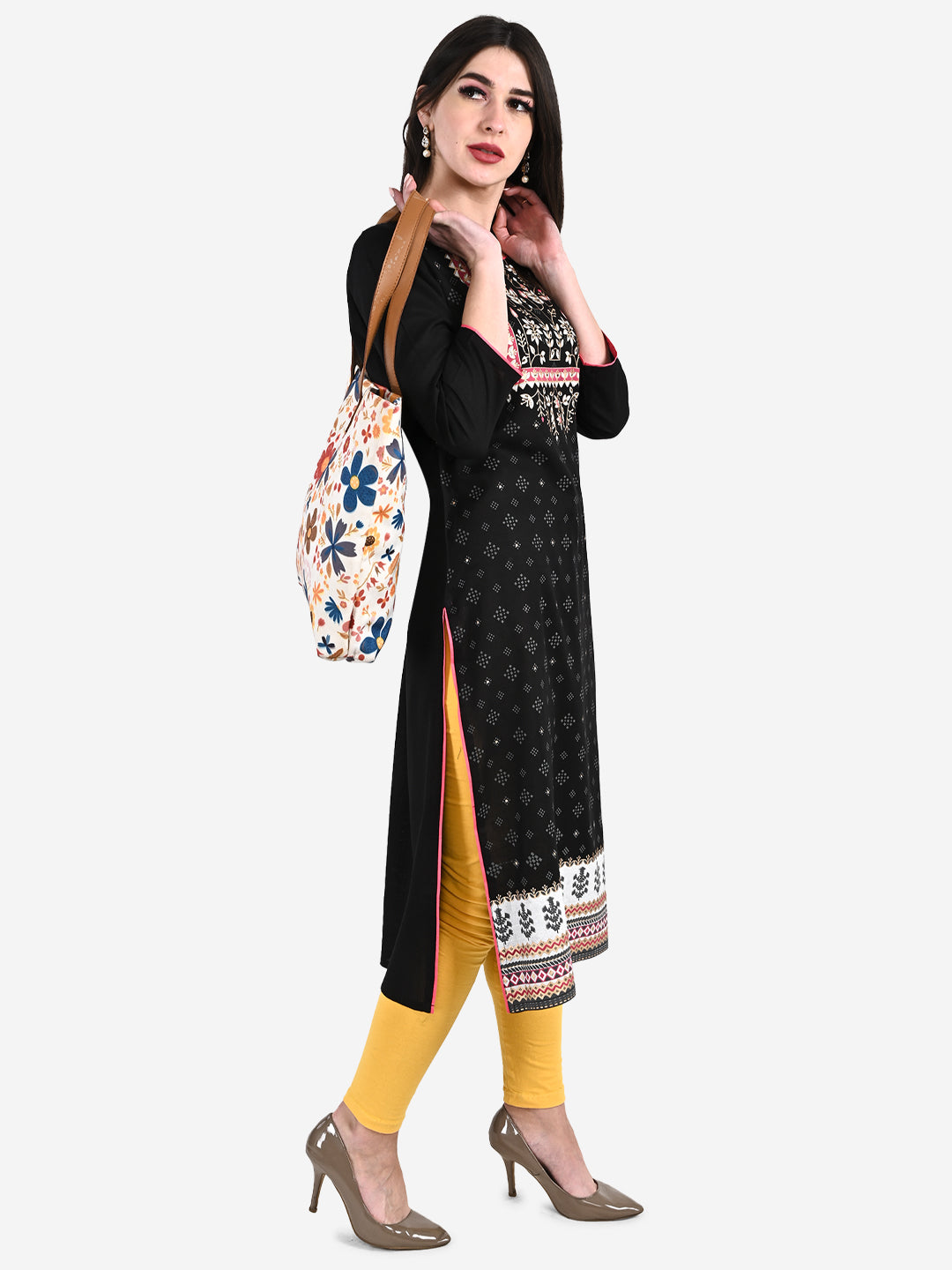 Be Indi Women Black Ethnic Motifs Printed Thread Work Kurta