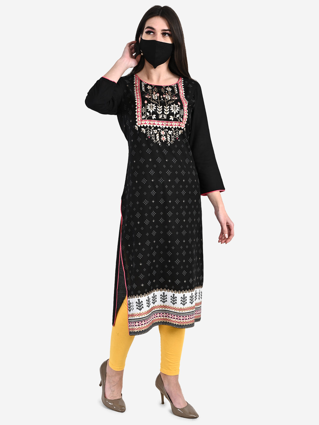 Be Indi Women Black Ethnic Motifs Printed Thread Work Kurta