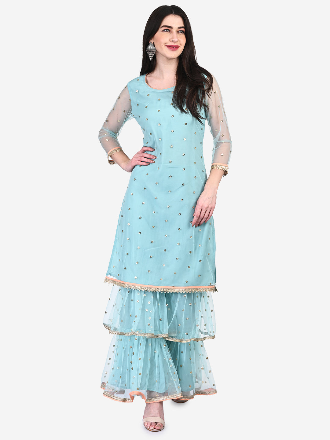 Be Indi Women Blue Embroidered Kurta with Sharara
