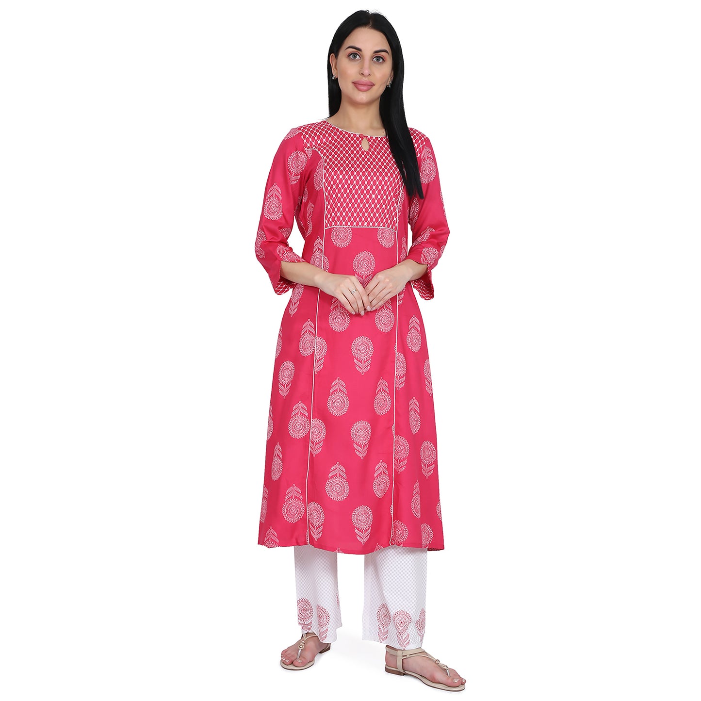 Be Indi Women Pink & White Printed Kurta with Palazzos