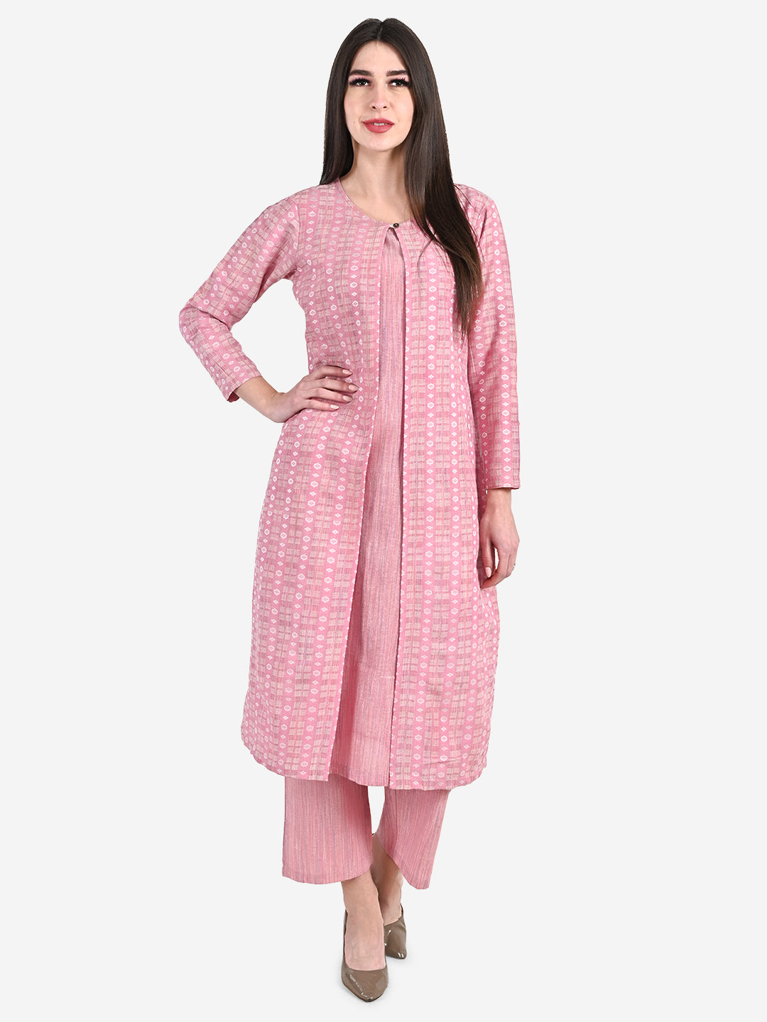 Be Indi Women Pink Printed Kurta with Palazzos & Dupatta