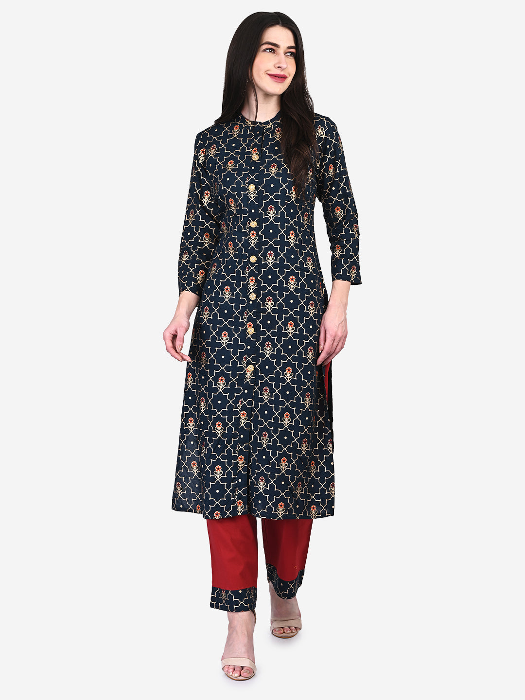 Be Indi Women Green Printed Regular Pure Cotton Kurta with Trousers