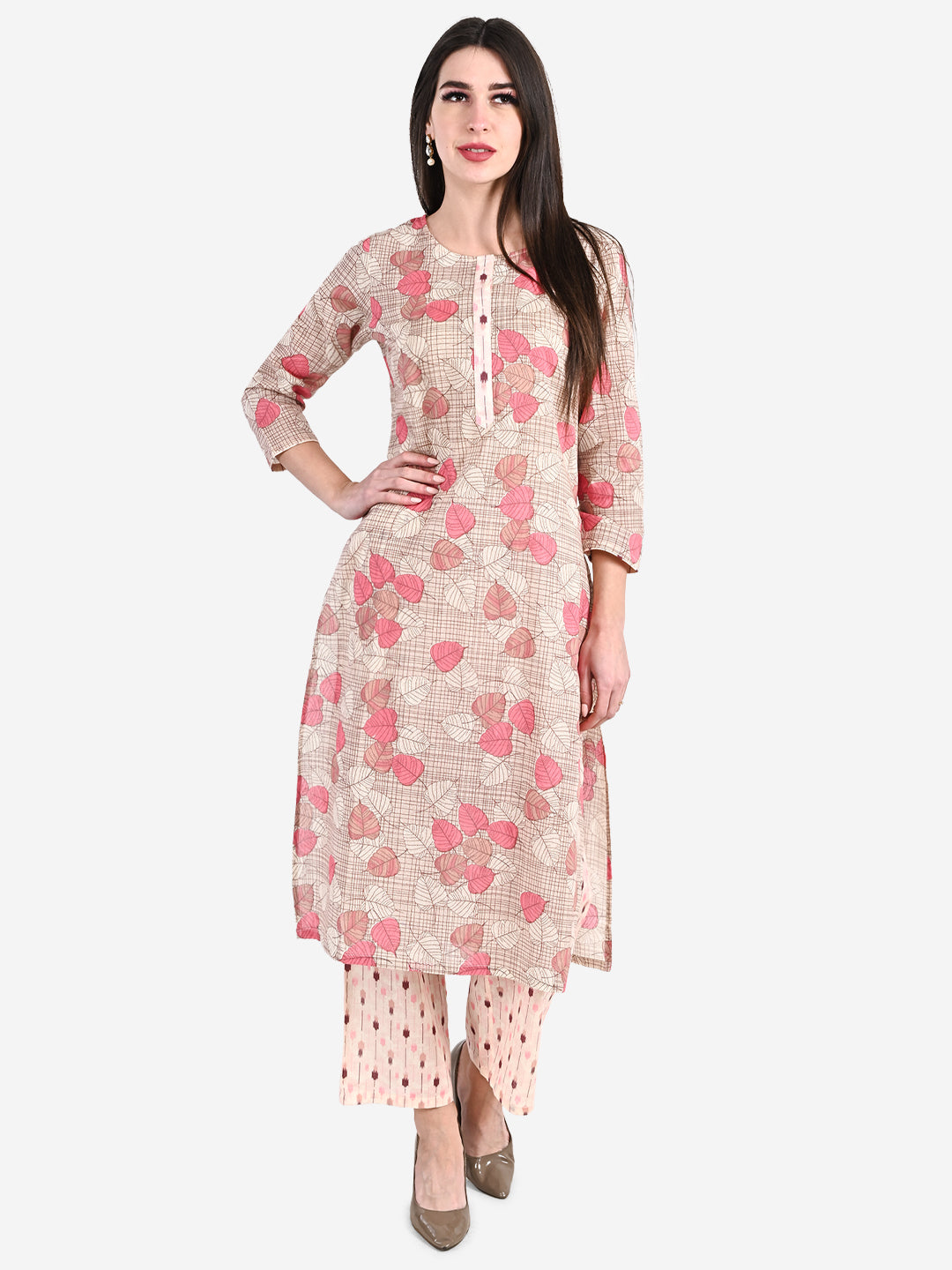 Be Indi Women Beige & Pink Printed Kurta with Palazzos