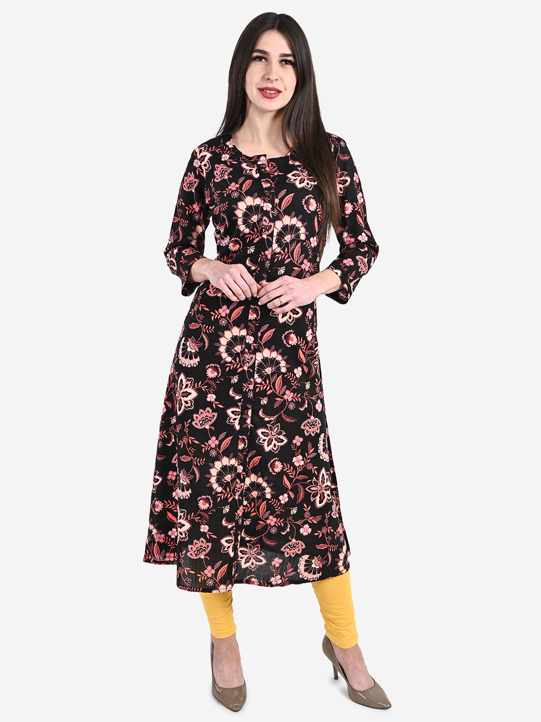 Be Indi Women Black & Pink Floral Printed Kurta