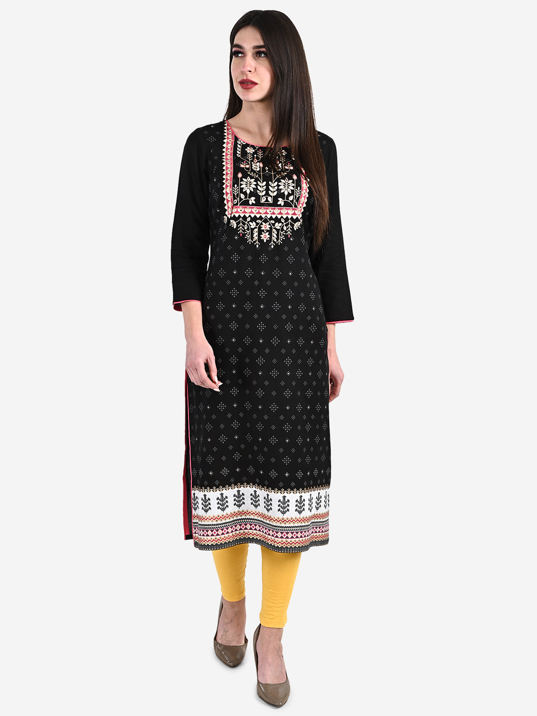 Be Indi Women Black Ethnic Motifs Printed Thread Work Kurta