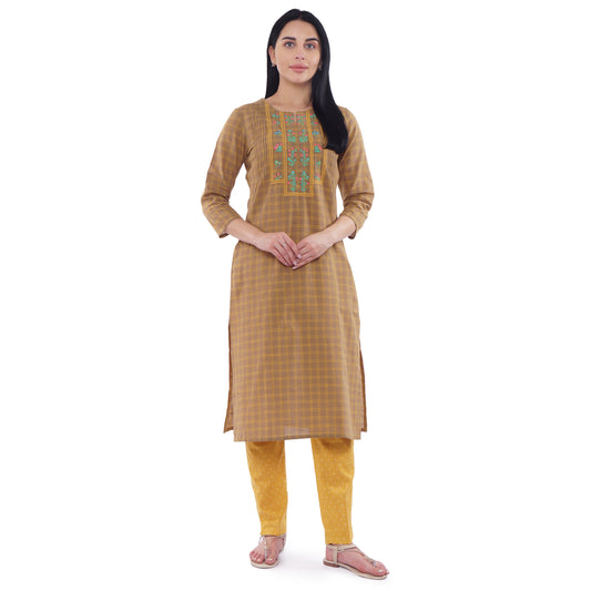 Be Indi Women Brown & Yellow Checked Thread Work Cotton Kurta
