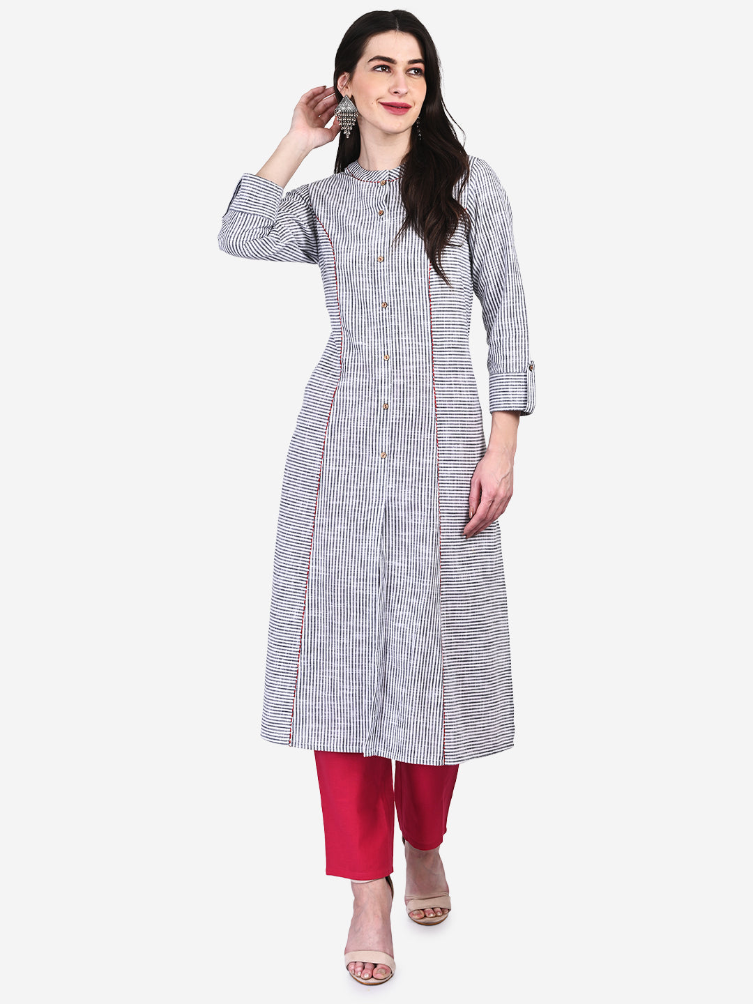 Be Indi Women White & Black Striped Panelled Kurta