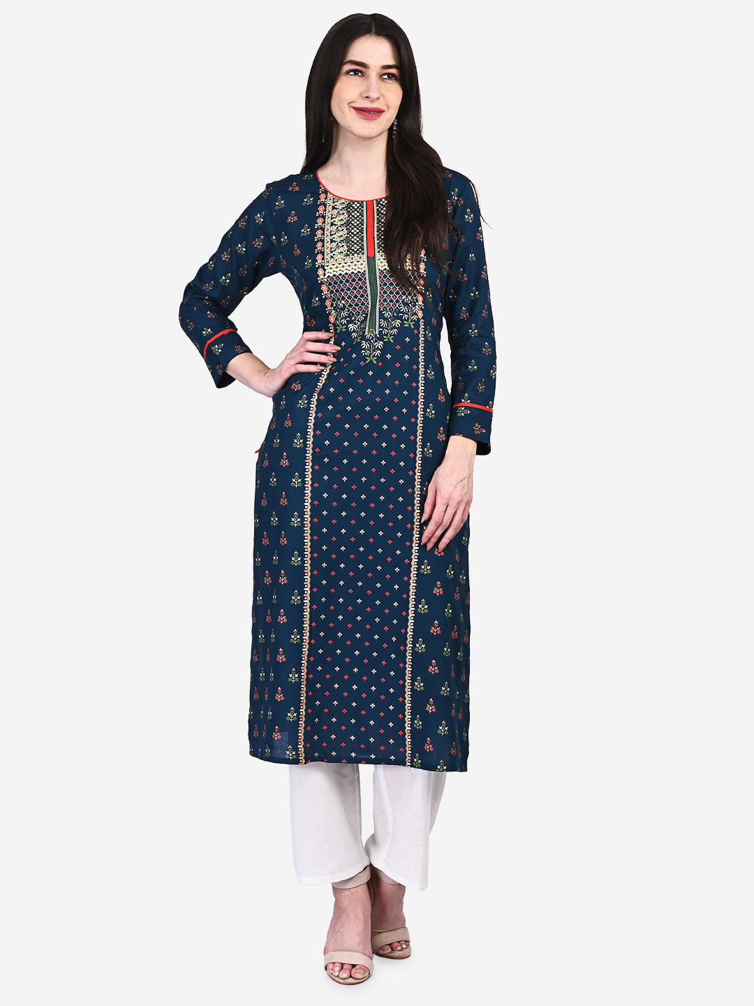 Be Indi Women Turquoise Blue Ethnic Motifs Printed Kurta